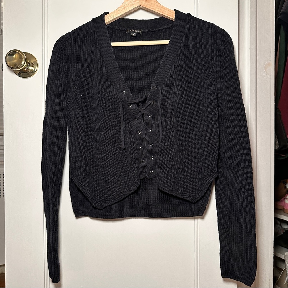 Express Black V-Neck Lace-Up Sweater